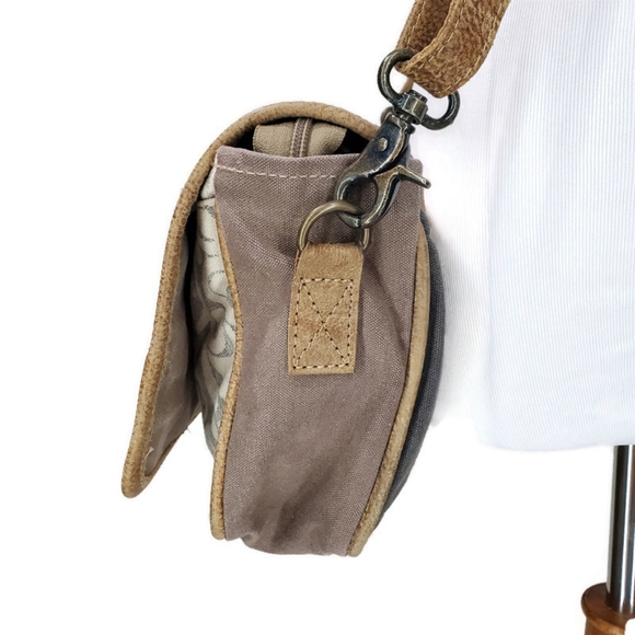 Myra Bag Glare Cowhide Upcycled Canvas Leather Messenger Crossbody Bag - Picture 4 of 16